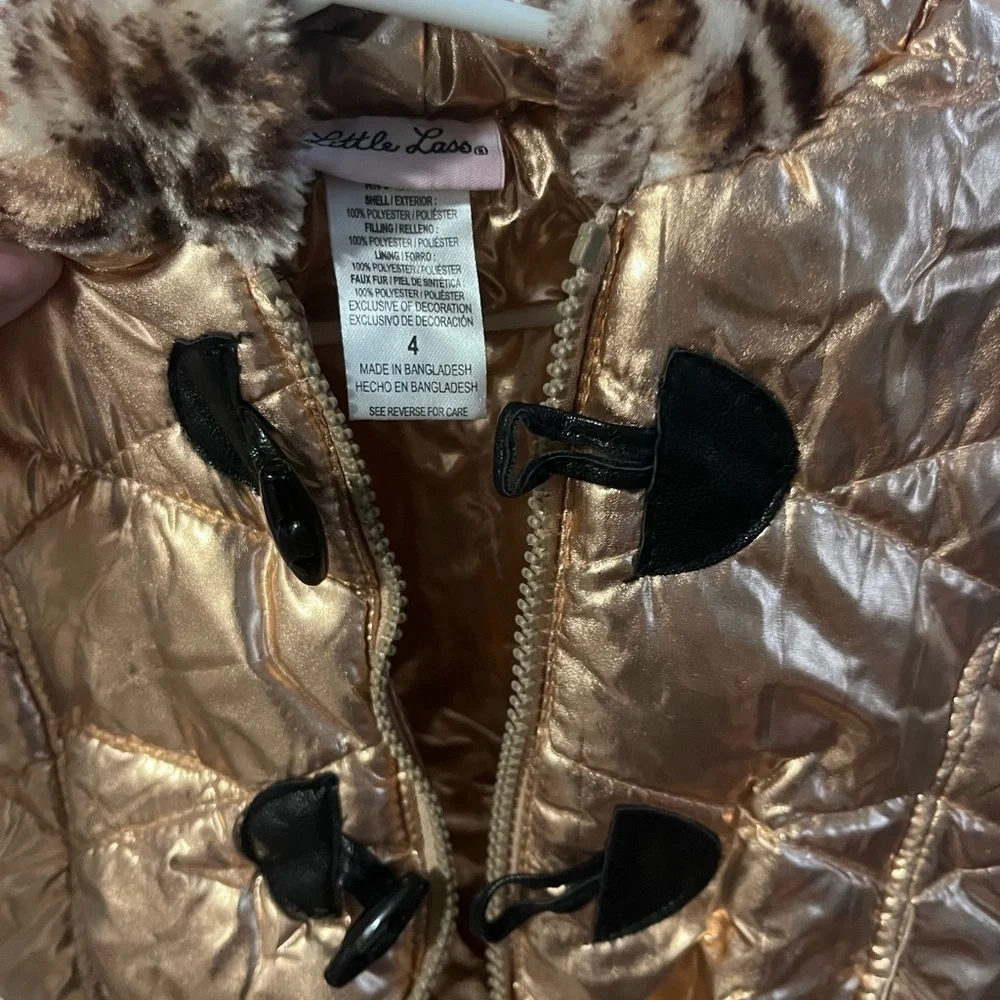 Little Lass girls 4 puffer vest hooded blush champagne color animal print trim